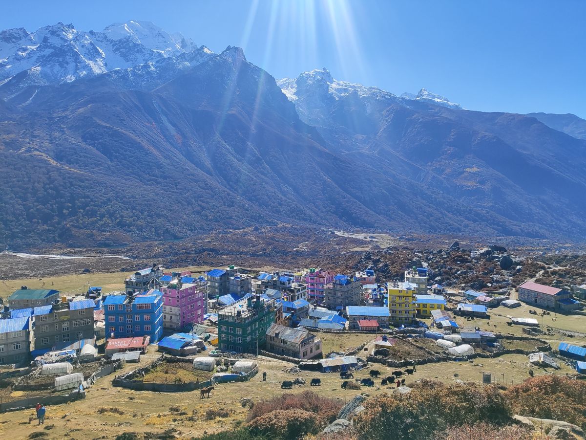 View of Kyanjin Gompa with surrounding Himalayan mountains